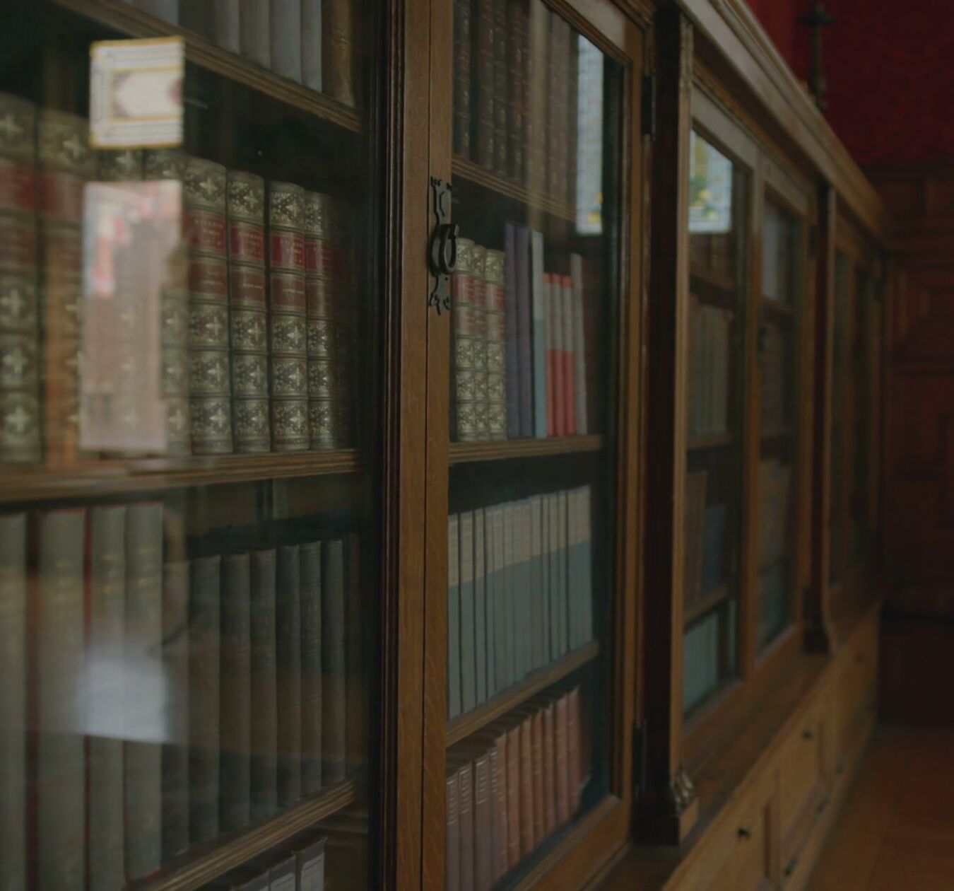 Biblioteka z przeszklonymi regałami pełnymi oprawnych tomów